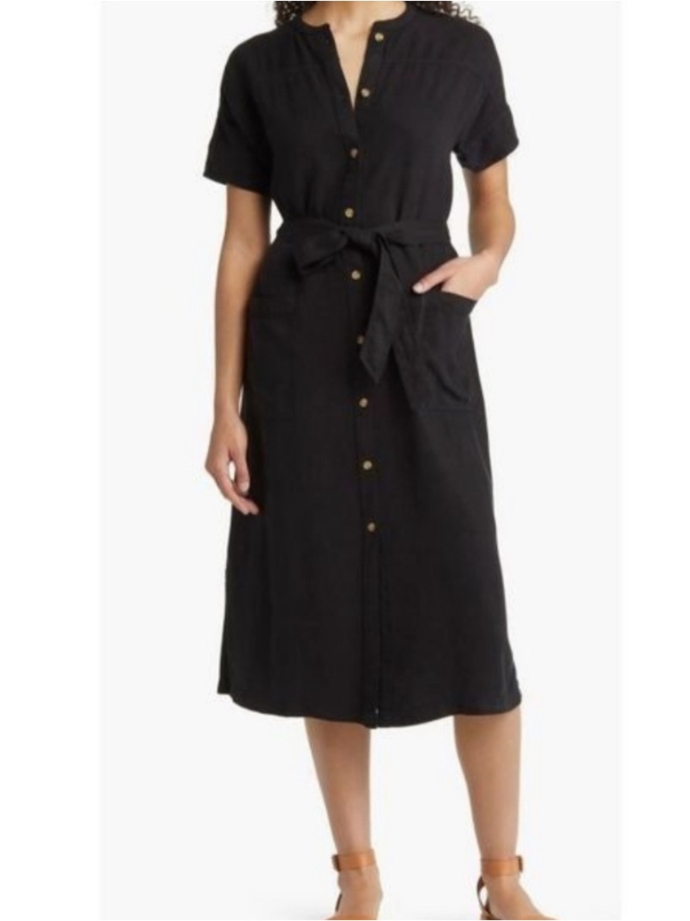 Caslon Nordstrom Black Button-Front Midi Shirt Dress Tencel Tie Waist